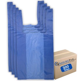 ASSUREPAK Blue Colored Unprinted Plastic T-Shirt Bags - 1/10 BBL 8"X4"X15" - 300 Bags - 14 microns - Blue - For Retail, Commercial, Home