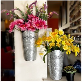 Lily's Home Set of 2 Rustic Farmhouse Galvanized Metal Wall Planters, with Floral Accents for Indoor or Outdoor Artificial Greenery. Rustic Hanging Flower Holders Wall Decor