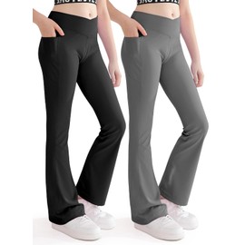 Nutyomi Girls' Yoga Pants Flare Leggings for Workout Activewear Girls Clothes Size 8 Yoga Dance 2 Pack Black Grey 7-8 Years