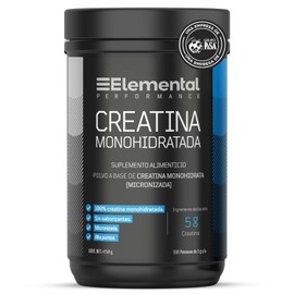 Elemental Creatina Monohidratada Micronizada, Hecho por PiSA, Pureza Certificada Laboratorio  90 Servicios de 5g, 450g  Alto Rendimiento, Performance 