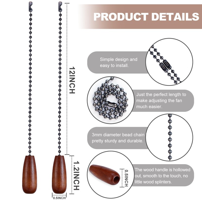6 Pieces Wooden Ceiling Fan Pull Chains Extender Set, 12