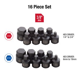 Sunex 3646, 3/8 Inch Drive Low Profile Impact Hex Driver Set, 16-Piece, SAE/Metric, 1/4 Inch - 3/4 Inch, 6mm - 19mm, Cr-Mo Steel, Dual Size Markings, Heavy Duty Storage Case, Meets ANSI Standards