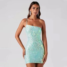 Sequin Dress for Women Short Prom Dresses for Teens Girls Dance HOCO Dress Sparkly Spaghetti Straps Bodycon Cocktail Party Dresses Slit Mini Homecoming Dresses One Shoulder Summer Mint Green XS