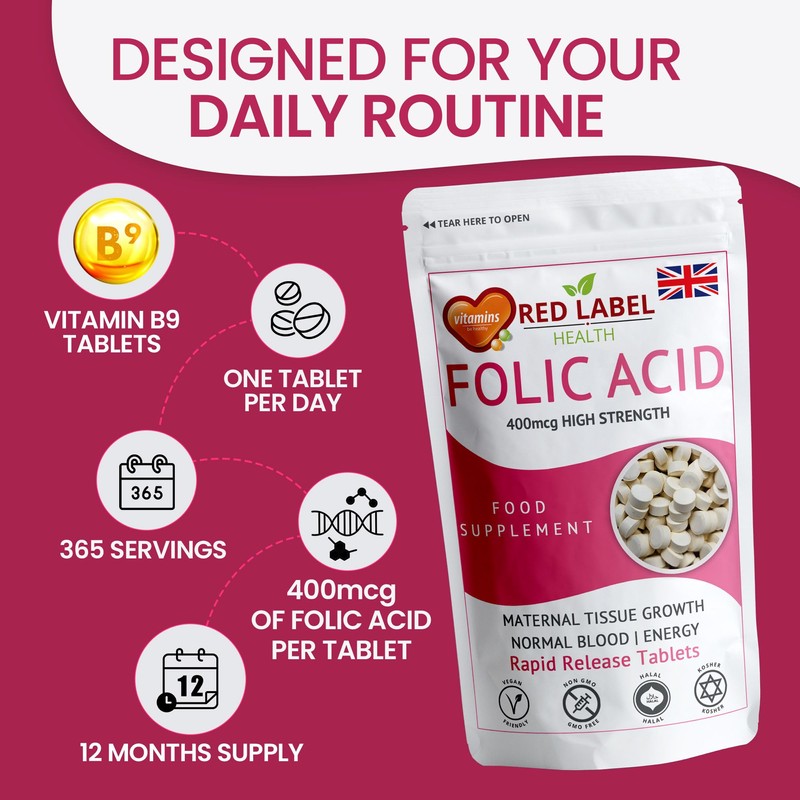 Folic Acid Tablets 400 mcg - 100 Vegan Vitamin B9