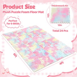 Maasechs 16 Pcs Pastel Faux Fur Floor Tiles, 11.8 x 11.8 in Puzzle Girls Play Soft Tiles, 1.5 Inch Shaggy Square, EVA Foam Floor Mat for Nursery, Playroom, Bedroom, Toddler Room, Daycare