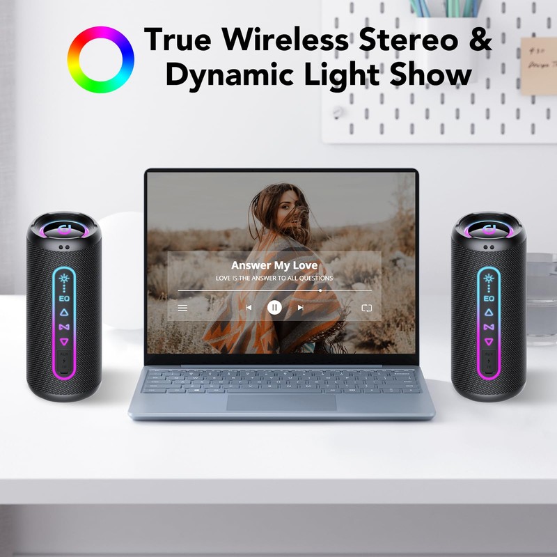 Portable Bluetooth Speaker with Lights, Bluetooth 5.4 Speaker, Powerful Crystal