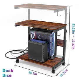 Height Adjustable Computer Tower Stand with Charge Station and USB Charging Port, 2-Tier ATX-Case Cart, Under Desk Mobile PC Stand, CPU Holder Cart with Locking Caster Wheels for Fits Most PC