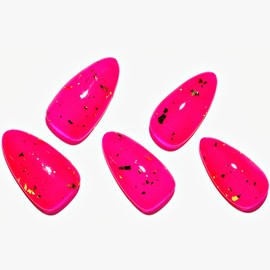 GLAMERMAID Hot Pink Press on Nails Medium Almond- Handmade Jelly Gel Gold Foil Flakes Fake Nails Short, Glitter Stiletto Stick Glue on Nails Set, Glossy Reusable Acrylic False on Nail Kit for Women