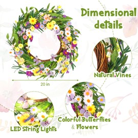 Janinka Summer Wreath for Front Door with Lights 20 Inch Hawaii Flower Wreath Fake Daisy Floral and Lavender Door Wreath for Home Wall Farmhouse Outdoor Party Decor(Yellow Purple Spring)