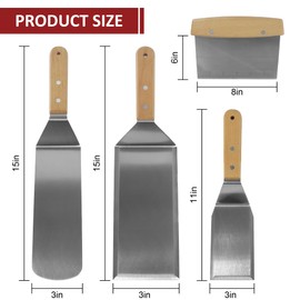 Panumly Stainless Steel Metal Spatula Set, 4 Pcs Teppaniyaki Griddle Accessories - Grill Burger Turner Long Pancake Flipper Griddle Scraper for Flat Top Cast Iron BBQ, Wooden Handle, Easy to Clean