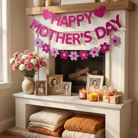 Mother's Day Decorations Banner - Happy Mothers Day Decor Sign with 3D Flower Garland Glitter, Pre-strung Hanging Bunting Banner for Mom Party Supplies, Home Wall Mantle Decor, Best Mom Ever Photo Backdrop, Rose Red