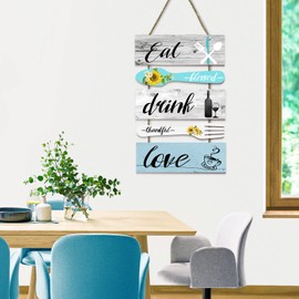 decalmile 5 pieces Rustic Eat Drink Love Wooden Signs Hanging Wall Plaque Vintage Farmhouse Fork and Spoon Wall Decor Sign for Kitchen Dining Room Bar Home Art Decor