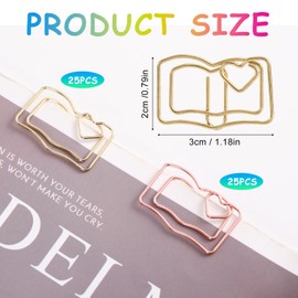 50pcs Book Shaped Paper Clips, Rose Gold & Gold Metal Bookmarks Cute Paper Clips Fun Shape Paperclips Memo Clip Set for Office Supplies School