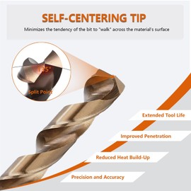 Hymnorq 13-Piece M35 Cobalt Steel Drill Bit Set with Tough Metal Index Case for Metals, Dual Twist Flute, 135° Split Point, Fully Ground, Sizes 1/16" to 1/4" by 1/64" Increments