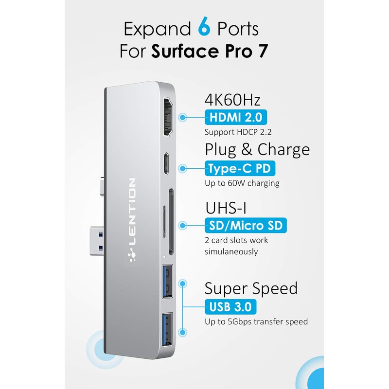 LENTION USB-C 7-in-1 Hub for Surface Pro 7 Only with