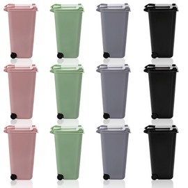 Goaste 12 Pack Mini Desk Trash Can, 22 OZ Tiny Curbside Garbage Bin with Lid, Small Plastic Desktop Wastebasket, Unique Office Pen Holder Pencil Cup, Counter Waste Basket for Home Kitchen Tabletop