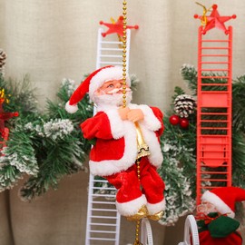 Electric Climbing Ladder Santa Claus on Rope Musical Climbing Santa Claus on Beads Chain Musical Moving Figure Plush Christmas Figurine Ornament Music Xmas Tree Hanging Ornament Holiday Party Supplies