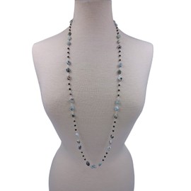 MGR MY GEMS ROCK! Genuine Larimar and Hematite Rosary Style Beaded Chain Wire Wrapping Long or Double Strand Necklace.