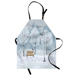 Ambesonne Christmas Apron, Snow Falling in The Park on a Cold Winter Day Birds Xmas Season Theme Picture, Unisex Kitchen Bib with Adjustable Neck for Cooking Gardening, Adult Size, White and Blue