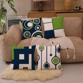 EZVING Navy Blue and Green Outdoor Patio Pillow Covers, Blue Green Pillow Covers Set of 4 16x16 Sturdy Linen Geometric Decorative Throw Pillowcases Zipper Closure for Couch Sofa Living Room Decor