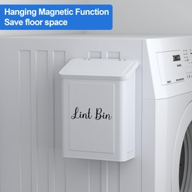 Magnetic Lint Bin for Laundry Room, Wall Mounted Metal Lint Box Holder Trash Can with Lid for Dryer, Lint Basket for Laundry Room Organization, White