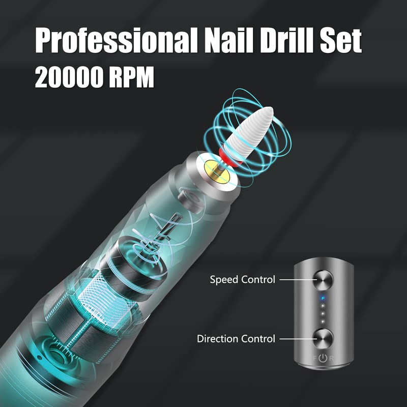 Electric Nail Drill Machine Professional, Rechargeable Cordless Nail File with