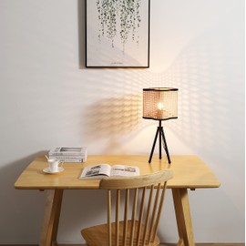 VidaLite Gal - Mid Century Bohemian Tripod Table Lamp with PVC Rattan Shade and Velvet Rim for Bed Dining, Kitchen, Living Room