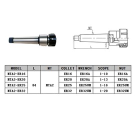 MTA2 HSS Morse Taper Handle, ER16 / 20/25 / 32 Milling Lathe Collet Chuck Holder Power Tool