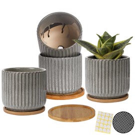 OMAYKEY 5.25 Inch Ceramic Plant Pot with Saucer, Creative Stripe Grey-Green Planters Pots with Drainage Hole and Mesh Pads for Succulent, Cactus, Herbs - Set of 4