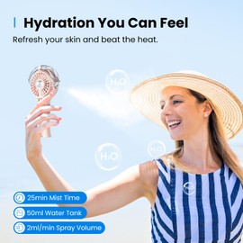 KIBEE Portable Misting Fan - 4000mAh Rechargeable, 50ml Water Tank, Foldable 180° Handheld Fan with Mist Spray, 3-Speed Personal, Portable Charger for Travel, Outdoors, Makeup & More(Pink)