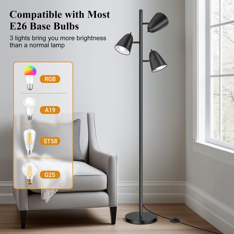 QiMH Tree Floor Lamp with 3 Light Bulbs, Standing Tall