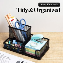 M&G M&G Mesh Pen Holder Desk Organizers Pencil Holder for Desk Black, 3 Compartments Metal Office Supply Organizer with Sticky Notes Holder for School Home Office