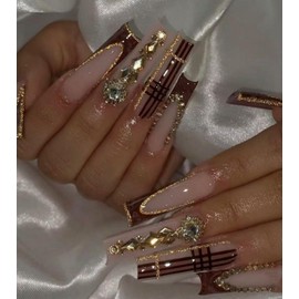 Aegenacess Press on Nails Square - Extra Long Fake Nails with 3D Rhinestones, Brown French Tips Nude False Nail with Glue Sticker, Fall Stick On Nails for Women, 12 Sizes - 24 Nail Kit, Amber Dusk