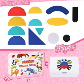 LovesTown 36 Wooden Pattern Blocks with 60 Cards, Open Ended Wooden Shape Puzzles Montessori Preschool Education Toy Tangram Shape Puzzle for Toddler Kids