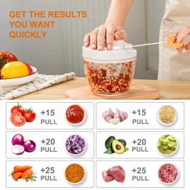 Manual Food Processor Vegetable Chopper, Portable Hand Pull String Garlic Mincer Onion Cutter for Veggies, Ginger, Fruits, Nuts, Herbs, etc., 600ml