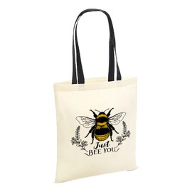 SmartyPants Just Bee You Tote Bag - Women Gifts Shopping Organic Cotton Fabric Carrier Reusable Shopper Happy Quote Slogan Handbag Bees Accessories Present Bumblebee Pretty (One Size, Black Handle)