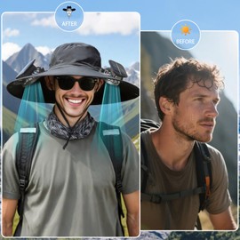 Solar Fan Hat, Wide Brim Solar Fan Outdoor Fishing Hat with 2 Solar Fans UPF 50+ Sun Protection Outdoor Fishing Camping Beach (Dark Gray)