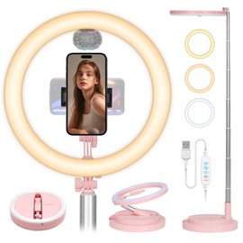 TARION LED Selfie Ring Light - Ring Light with Stand & Phone Holder Cold Shoe Mount, 11.8" Foldable Circle Light, 3 Lighting Modes x 10 Brightness Levels, Adjustable Height from 12.9" to 66.5" Pink Y3