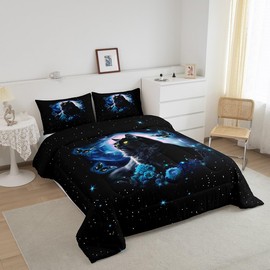 Mysterious Cat Twin Size Comforter Set for All Seasons,Blue Flower Butterfly Bedding Set Teens Bedroom Decor,Fantasy Galaxy Starry Sky Comforter Inner Fill with 1 Pillowcase