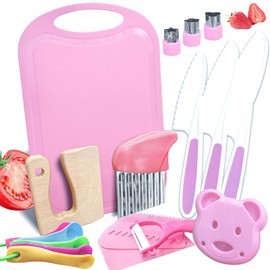 19pcs Toddler Knife Set - Kids Knife Set for Real Cooking - Kid Chef Safe Set - Kids Cooking Sets with Cutting Board Wooden Knife - Montessori Kitchen Tools & Gift for Boys Girls 3-12 Year Old