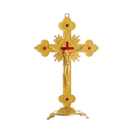 KOMI 5 Inch Gold Plated Catholic Crucifix with Detachable Base, Metal Cross Standing for Home Office Church, Religious Decor