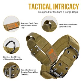 OneTigris Tactical Dog Collar 12 with Handle,2 Inch Wide Nylon Collar for Medium and Large Dogs Heavy Duty Service Dog Collar-Brown
