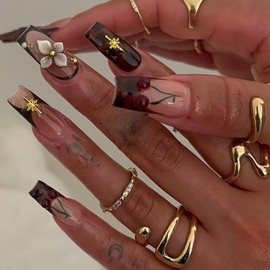 3D Press on Nails Medium Square MABKJLF Brown French Tip Fake Nails Flower False Nails with Designs Cherry Gold Stars Glossy Glue on Nails Stick on Nails for Women Girls 24Pcs