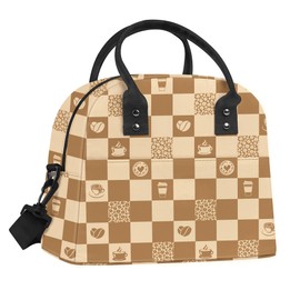 Clastyle Checkerboard Large Insulated Lunch Bag for Adult, Brown Elegant Coffee Lightweight Lunch Cooler Bag with Strap for Picnic Work Office