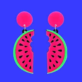 Statement Watermelon Drop Earrings, Neon Pink and Green, Large Acrylic Fruit Design
