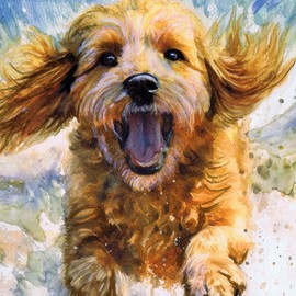 Playful Cockapoo on the Beach - Hand-Signed Watercolour Artwork Print by Oscar Jetson on 230gsm Matte Paper, Available in Multiple Sizes (8x10 inches)