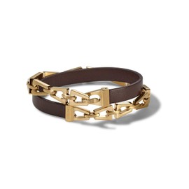 Bulova Mens Classic Medium Brown Double-Wrap Leather and Gold-Tone Tuning Fork Link Chain Bracelet (Model J96B001M)