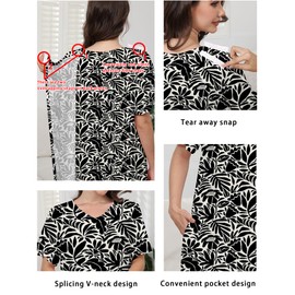 Liokoc Hospital Gowns for Women Open Back Tear Away Snap Post Shoulder Dress Short Sleeve Soft Adaptive Clothing with Pockets Black White Flower