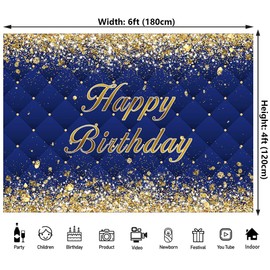6x4ft Royal Blue Happy Birthday Backdrop for Men 30th 40th 50th 60th 70th 80th Birthday Party Decorations Portrait Photoshoot Photography Background Photo Booth Props