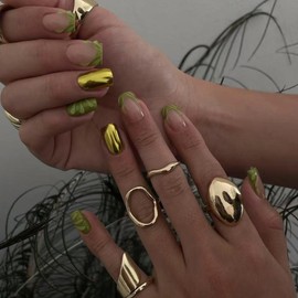 Summer Press on Nails Short Square,YIHONGYAN Fake Nails Press ons French Nail Tip Acrylic Kit Glue on Nails Full Cover Golden Magic Mirror Powder Design False Nails Glitter Stick on Nails Women 24Pcs